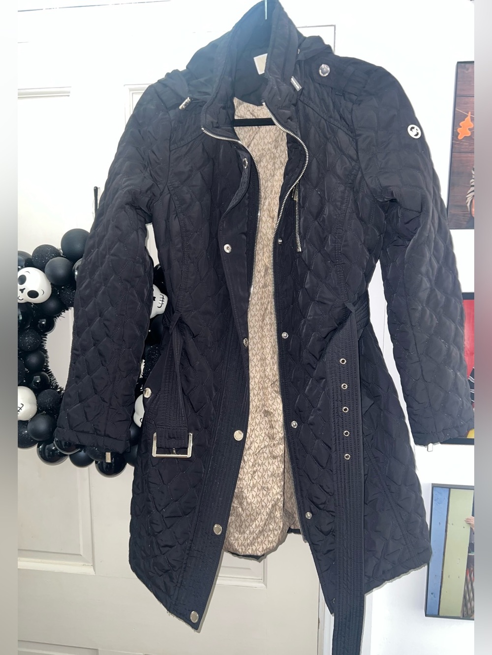 Michael By Michael Kors Black Quilted Trench Jacket P/M & Hood & Belt